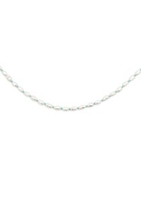 Parelsnoer met langwerpige witte parels afgewisseld met kleine turquoise kralen, wat zorgt voor een glad en afwisselend patroon.