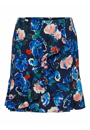 Marineblå blomster nederdel med flæsedetaljer, der har store blå, pink, grønne og røde blomster i et abstrakt mønster.