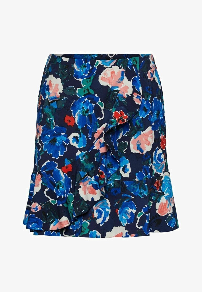 Jupe fleurie bleu marine avec des détails volantés, présentant de grandes fleurs bleues, roses, vertes et rouges dans un motif abstrait.
