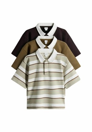 Three short-sleeve polo shirts stacked, featuring white collars; one striped beige, one solid olive green, and one solid dark brown.