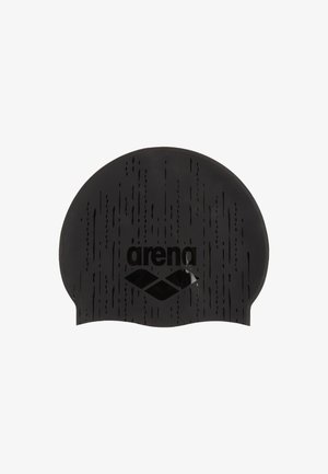 Bonnet de bain en silicone noir avec des lignes de motif vertical et le mot "arena" au-dessus de son logo au centre.