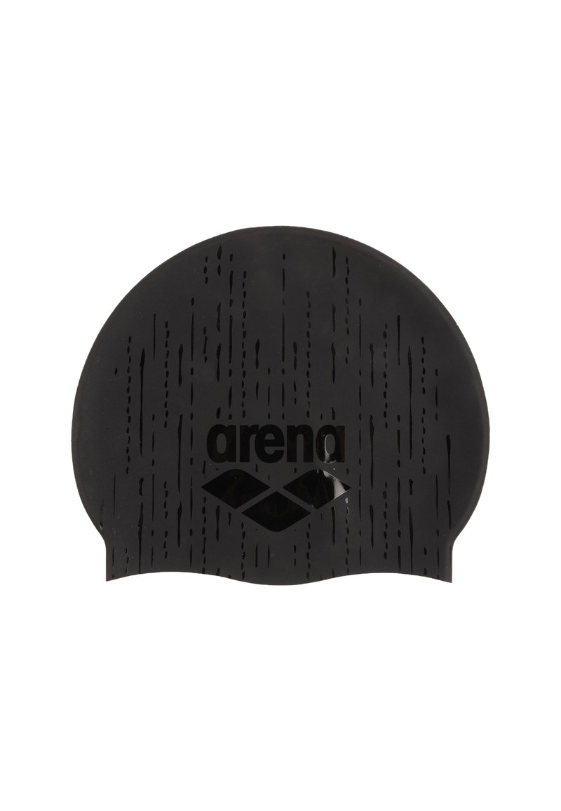 Gorro de natación de silicona negra con líneas de patrón vertical y la palabra "arena" encima de su logotipo en el centro.