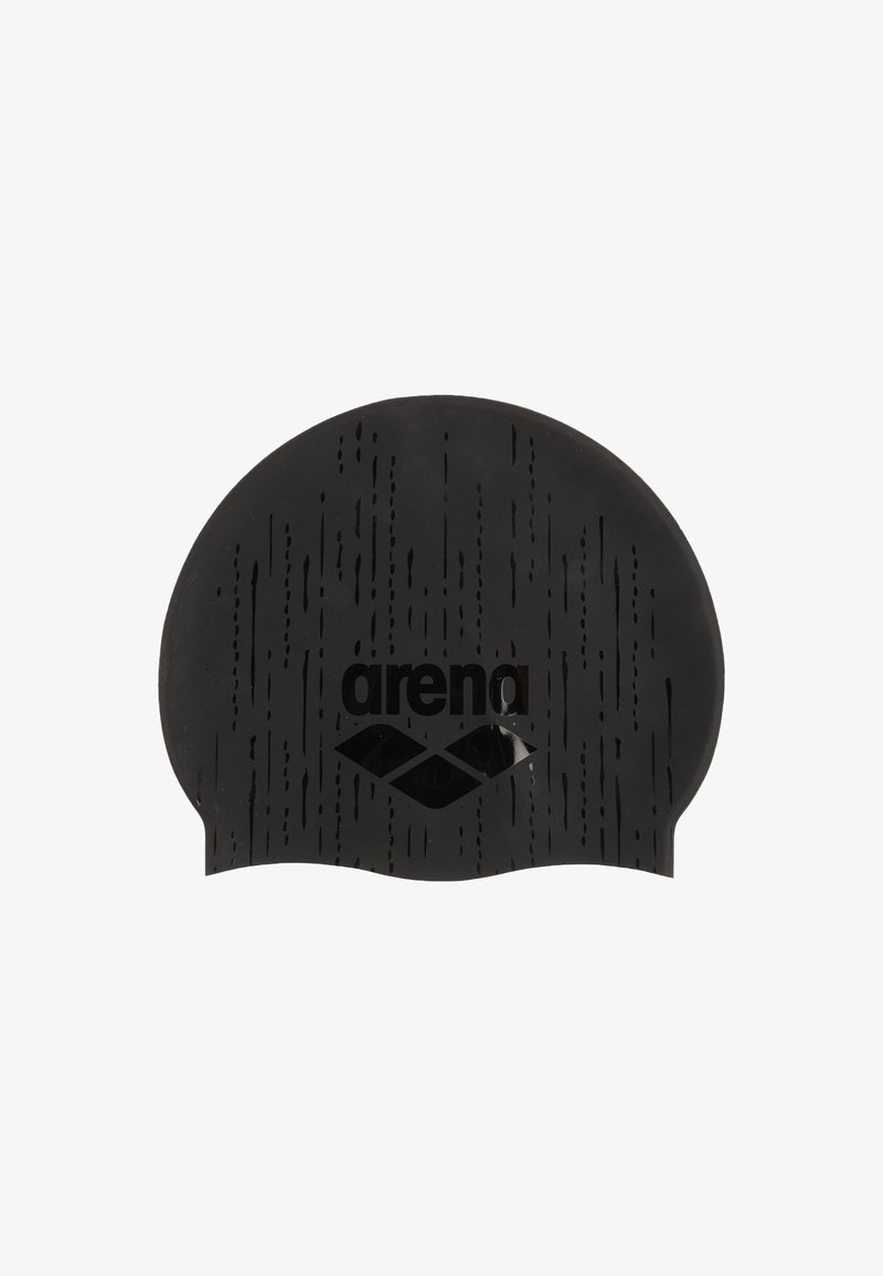 Gorro de natación de silicona negra con líneas de patrón vertical y la palabra "arena" encima de su logotipo en el centro.