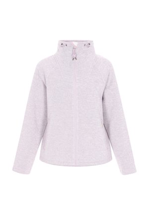 Light purple fleece jacket with a high collar, zip closure, and side pockets. Features raglan sleeves and smooth texture.