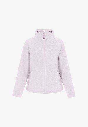 Light purple fleece jacket with a high collar, zip closure, and side pockets. Features raglan sleeves and smooth texture.