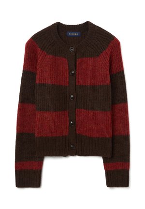 Strickjacke mit roten und braunen horizontalen Streifen. Mit Rundhalsausschnitt, Knopfverschluss und durchgehend geripptem Textil.