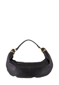 Borsa a tracolla in pelle nera con forma arrotondata, caratterizzata da una finitura testurizzata e dettagli in metallo dorato sulla tracolla.