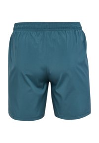 Turkosa badbyxor med elastisk midja, slät textur och kort innersöm. Inga synliga mönster eller detaljer. Bakvy visas.