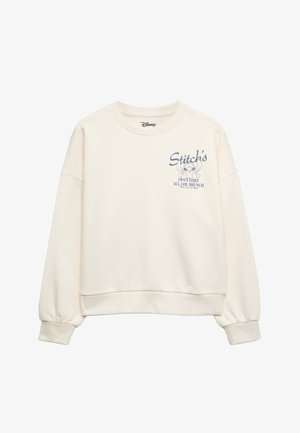 Cremefarbenes Sweatshirt mit langen Ärmeln, mit Stitch-Grafik und dem Text "Stitch's Open Daily All Day Brunch" auf der oberen linken Brust.
