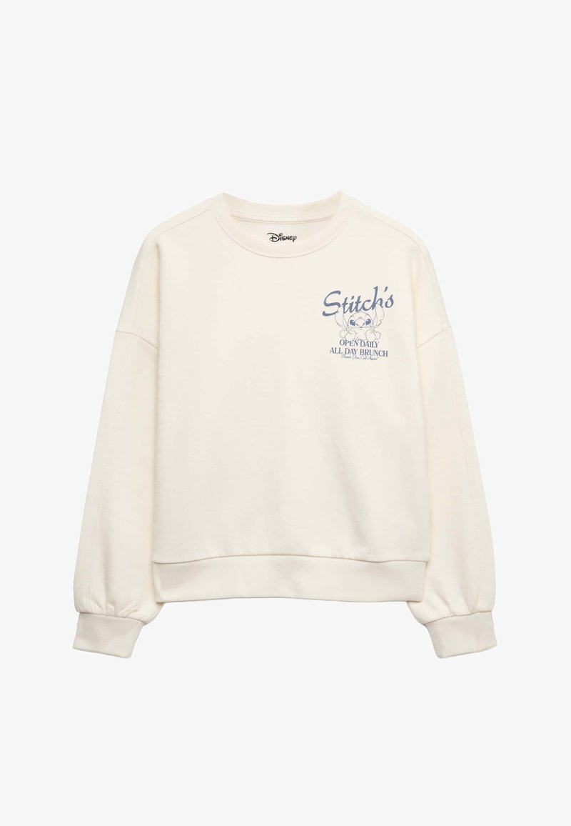 Sudadera de manga larga color crema con gráfico de Stitch y texto "Stitch's Open Daily All Day Brunch" en la parte superior izquierda del pecho.
