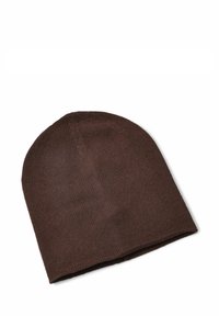 Cappellino marrone lavorato a maglia, con texture morbida, design aderente, punta rastremata e bordo pulito. Adatto a vari stili casual.