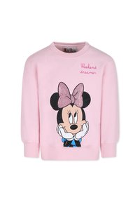 Felpa rosa con un grafiche di un personaggio dei cartoni animati con grandi orecchie e un fiocco, testo che dice "Sognatore del weekend" e polsini a coste.