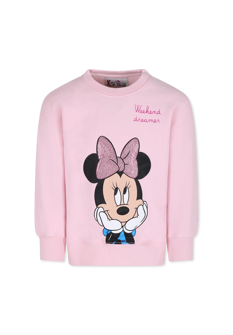 Felpa rosa con un grafiche di un personaggio dei cartoni animati con grandi orecchie e un fiocco, testo che dice "Sognatore del weekend" e polsini a coste.