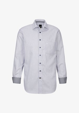 Camicia a righe blu chiaro e bianca, con taschino sul petto, bottoni blu navy e polsini con motivo. Tessuto dalla superficie liscia.