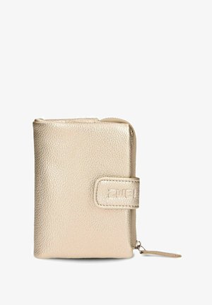 Compact metallic gold textured leather wallet with a snap button strap and zipper closure on the side.