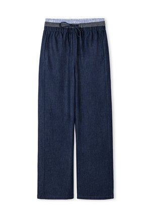 Marineblaue weite Hosen mit elastischem Bund, grauem Kordelzug und Seitentaschen vor weißem Hintergrund.