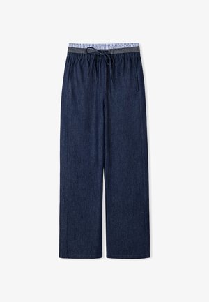 Pantalones de pierna ancha azul marino con cintura elástica, cordón gris y bolsillos laterales sobre fondo blanco.