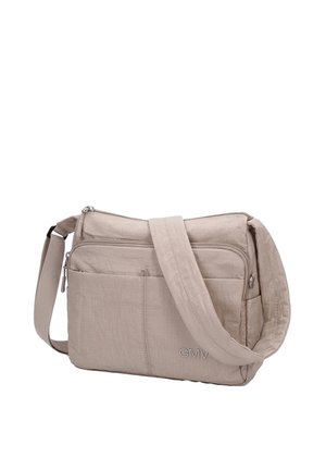 Sac bandoulière beige clair avec plusieurs compartiments zippés, une sangle réglable et un logo GMV sur la poche avant.