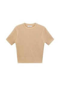 Beige knitted short-sleeve sweater with a round neckline, featuring a textured pattern and ribbed hem. Simple, fitted design.