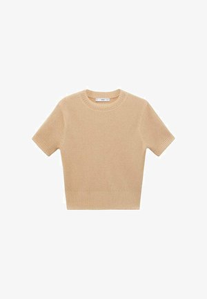 Beige knitted short-sleeve sweater with a round neckline, featuring a textured pattern and ribbed hem. Simple, fitted design.