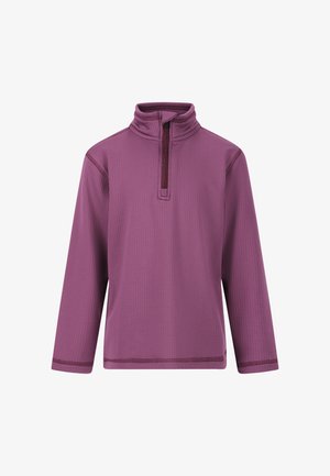 Lila Langarmpullover mit Stehkragen und halbem Reißverschluss. Verfügt über ein strukturiertes Muster und Kontrastnähte am Saum.