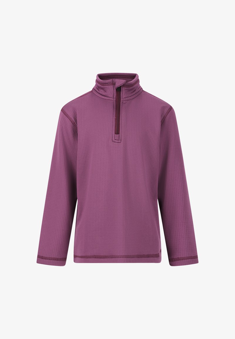 Lila Langarmpullover mit Stehkragen und halbem Reißverschluss. Verfügt über ein strukturiertes Muster und Kontrastnähte am Saum.
