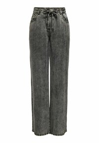 Pantalons larges en denim avec un lavage noir délavé, dotés d'une taille à cordon, de poches latérales et de détails de couture contrastés.