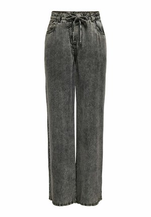 Bőszárú nadrág megfakult fekete árnyalatban, farmeranyagból készült, zsinóros derékrésszel, oldalsó zsebekkel és kontrasztos varrási részletekkel.