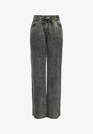 Bőszárú nadrág megfakult fekete árnyalatban, farmeranyagból készült, zsinóros derékrésszel, oldalsó zsebekkel és kontrasztos varrási részletekkel.