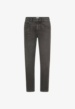 Sorte denimjeans med slim fit, fem-lomme design, subtilt falmet tekstur og lynlås med knappelukning.