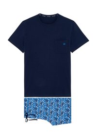 Navy short-sleeve T-shirt with pocket; blue patterned swim shorts with tie closure and curved hem. Soft cotton blend fabric.