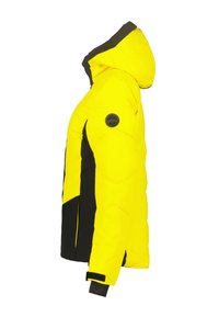 Gelbe, gefütterte Jacke mit Kapuze. Mit schwarzen Seitenpaneelen und einem runden Logo-Patch am linken Arm. Strukturierter, steppdesign.