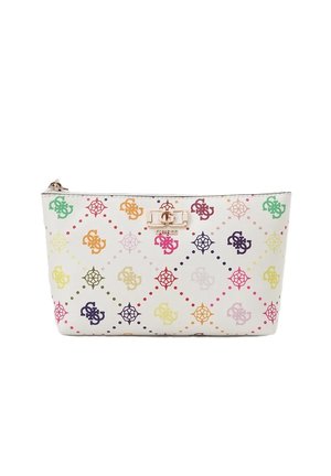 Pochette bianca con zip con motivo multicolore del logo Guess e una piccola fibbia a forma di fiocco color oro sopra il nome del marchio sul davanti.