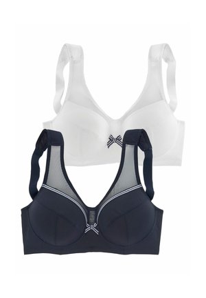 Zwei drahtlose BHs, einer weiß und einer schwarz mit transparenten Einsätzen und kleinen gestreiften Schleifen vorne in der Mitte.