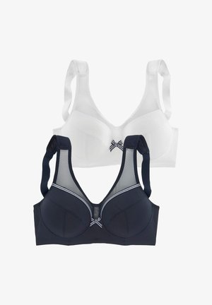 Zwei drahtlose BHs, einer weiß und einer schwarz mit transparenten Einsätzen und kleinen gestreiften Schleifen vorne in der Mitte.