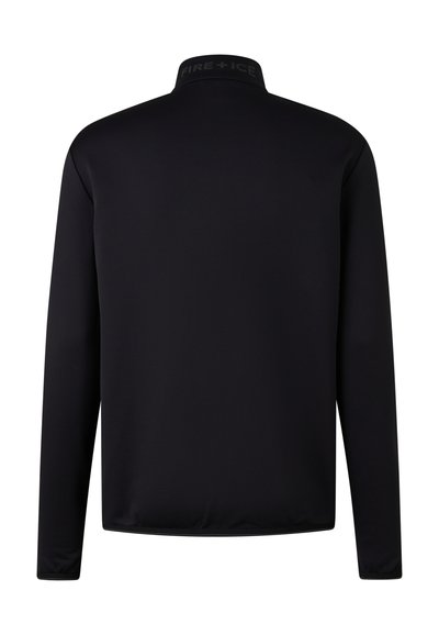 Zwarte top met lange mouwen en hoge kraag, gladde textuur, met het "FIRE + ICE" logo in grijs op de achterkant van de halslijn. Minimalistisch design.