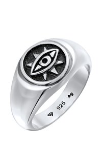 Ring aus Sterlingsilber mit einem zentralen schwarzen und silbernen Augendesign, umgeben von Sonnenstrahlenakzenten, glatten Finish und mit der Prägung "925 Ag."