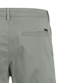 Helehallid püksid tagantpoolt, kus on vööaasad ja üks üksiktasku väikese musta kaubamärgi sildiga selle kohal.