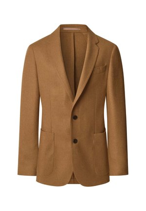 Smeđa vunena jakna s reverima, dva gumba, džepovima s preklopom i jednim prsním džepom. Tekstura tkanine s krojem koji odgovara.