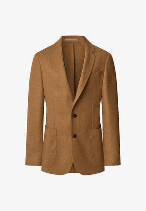 Smeđa vunena jakna s reverima, dva gumba, džepovima s preklopom i jednim prsním džepom. Tekstura tkanine s krojem koji odgovara.