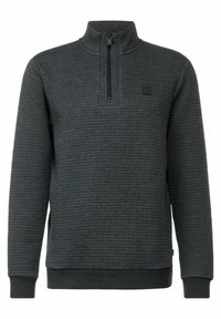 Mörkgrå fleecepullover med halv dragkedja, strukturerat våffelmönster, ribbade ärmslut och nederkant samt en liten logotyp patch på bröstet.