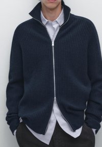 Granatowy sweter z zamkiem błyskawicznym w prążki, z wysokim kołnierzem, z metalowym zamkiem, nałożony na jasną koszulę w paski z kołnierzykiem.