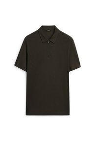 Polo shirt marrone scuro realizzato in tessuto morbido, caratterizzato da una chiusura lampo corta, un colletto classico e maniche corte. Design semplice senza motivi.