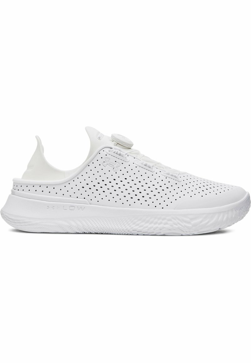 White athletic shoes with a perforated upper, round knob lacing system, and a textured rubber sole. Slightly elevated heel for support.