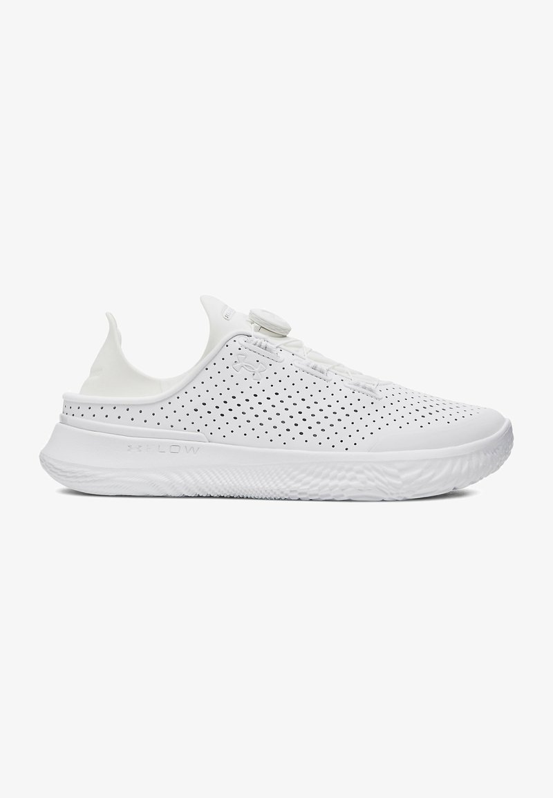 White athletic shoes with a perforated upper, round knob lacing system, and a textured rubber sole. Slightly elevated heel for support.