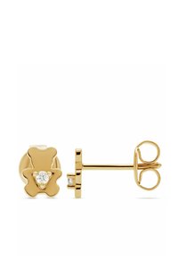 Goldene Teddybär-Stud-Ohrringe mit einem klaren Edelstein in der Mitte. Glatte Textur mit polierter Oberfläche und einem einfachen Steckverschluss.