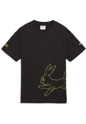 T-shirt noir à manches courtes avec un contour jaune représentant un lapin de dessin animé en train de courir, situé en bas à l'avant, et de petits logos jaunes sur les manches.