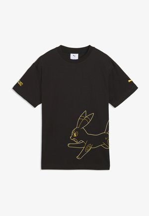 Zwart T-shirt met korte mouwen met een gele contour van een rennend cartoonkonijn op de onderkant van de voorkant en kleine gele logo's op de mouwen.