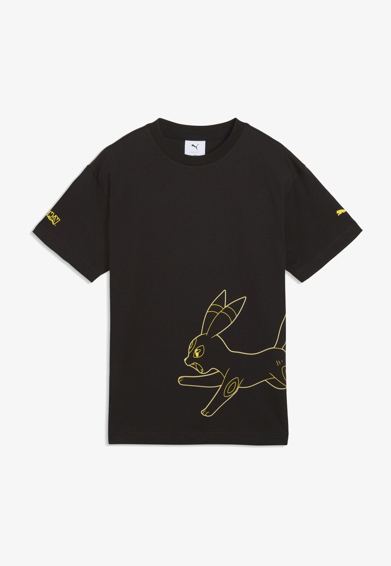 T-shirt noir à manches courtes avec un contour jaune représentant un lapin de dessin animé en train de courir, situé en bas à l'avant, et de petits logos jaunes sur les manches.