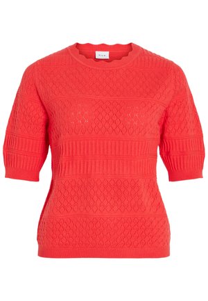 Pull en maille rouge corail à manches courtes avec motifs losanges et côtes, col rond.